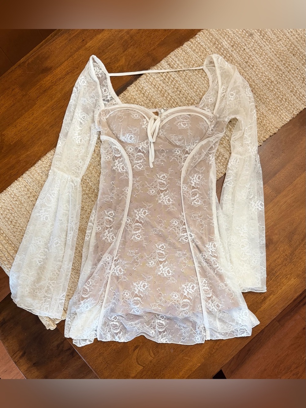 Fashion Nova White Sheer Lace Long-Sleeve Chemise dress sz Med